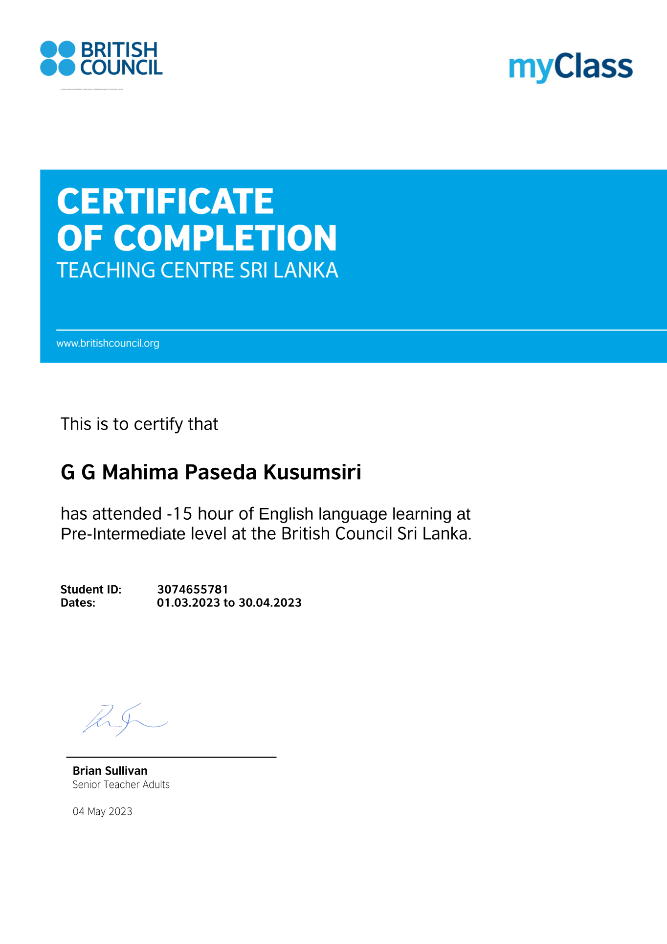 British Council English language Certificate
